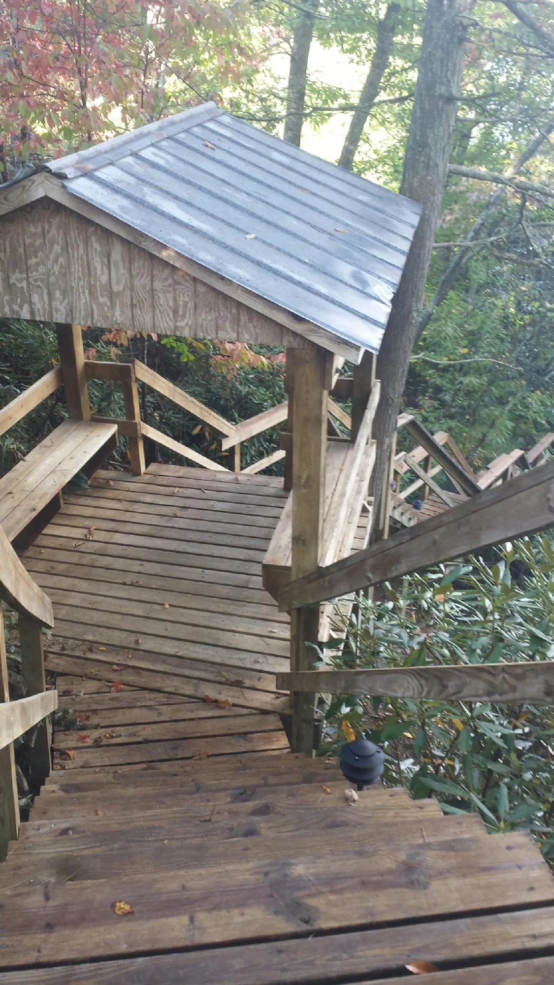 Metal roofed shelter over wooden steps on a wooded walkway — Skylight Repair & Installation work by our crew in Fayette